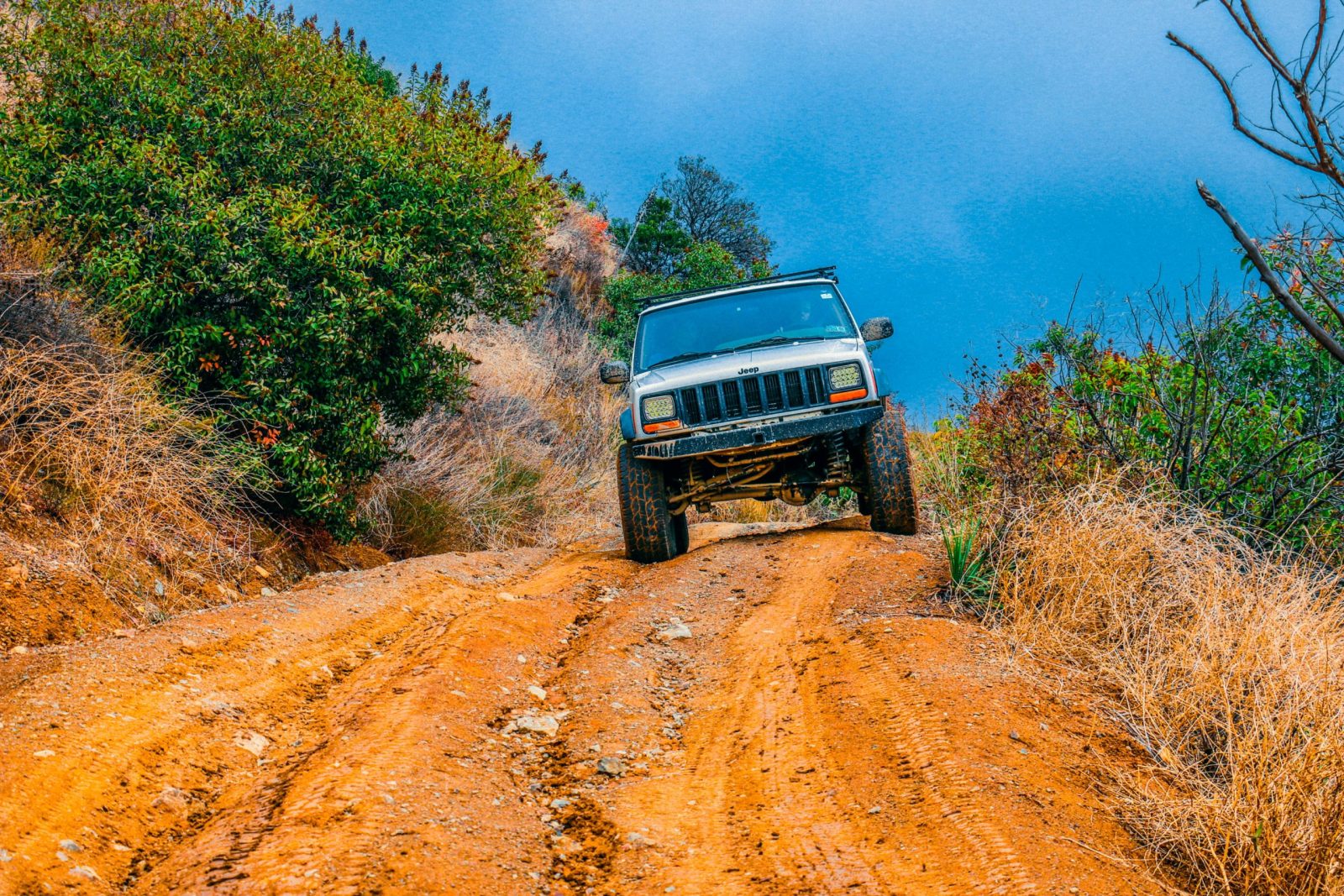 A jeep tackles a challenging dirt road surrounded by lush greenery and a vibrant blue sky.